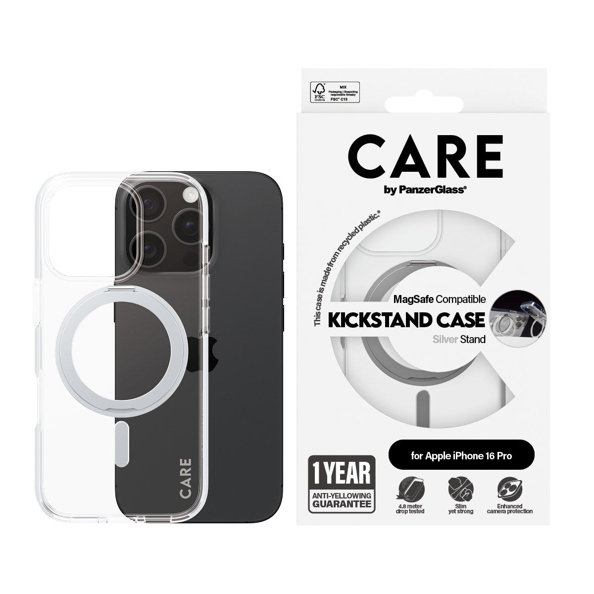 CARE by PanzerGlass® Feature Case Transparent w. Silver Kickstand & MagSafe iPhone 16 Pro